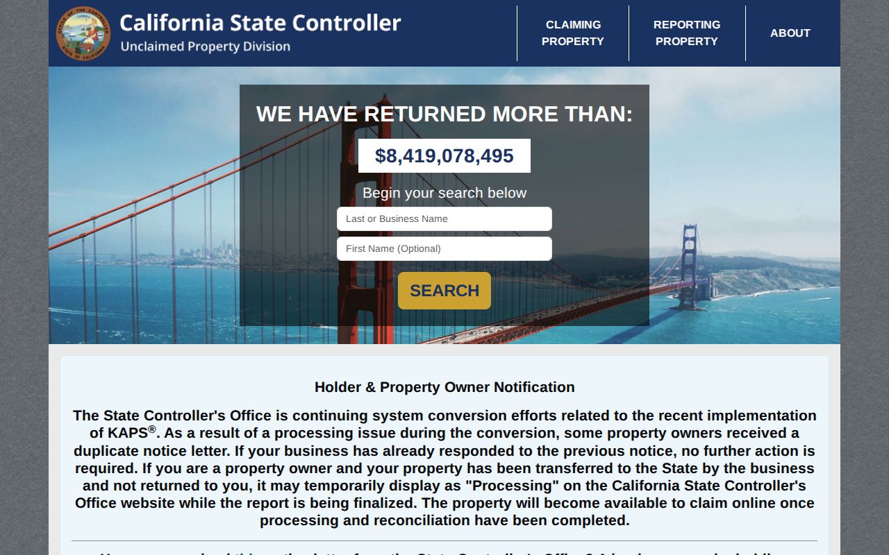 Cudahy city directory companion search at California Unclaimed Property