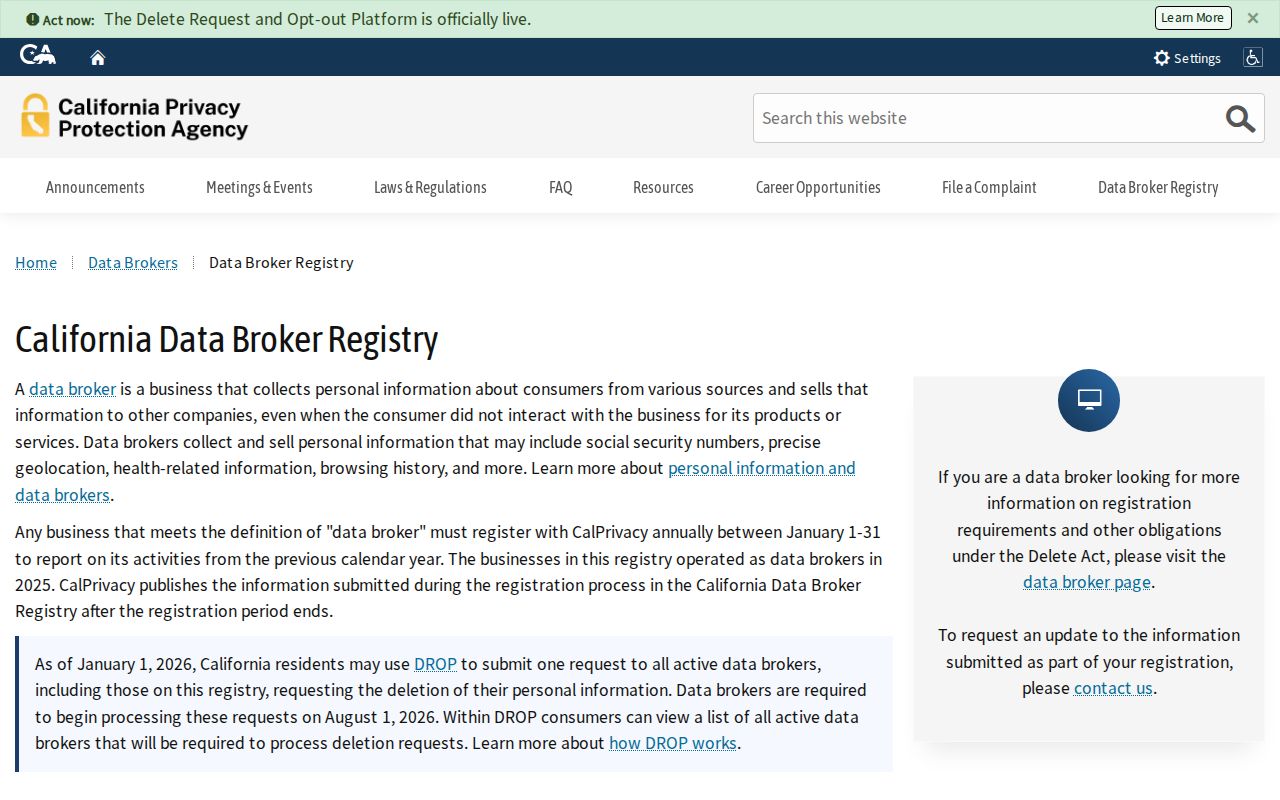 Cudahy residents directory view of California data broker and DELETE Act information